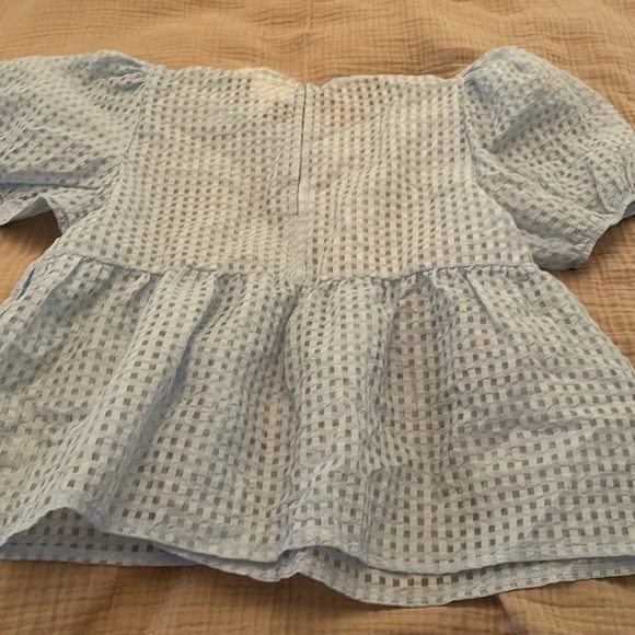😍 NWT Anthropologie powder blue, mesh-like puffed sleeve top. L. Gorg!! - Picture 2 of 11